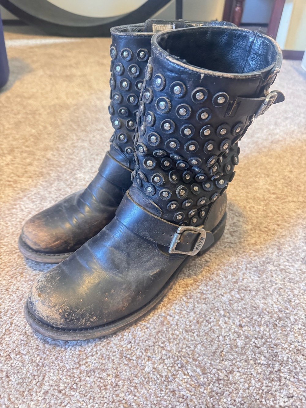 Frye Black Studded Leather Mid-Calf Moto Boots